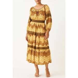 Fig & Flower Anthropologie Midi Dress Women's M Chevron Smocked Boho Sheer fall